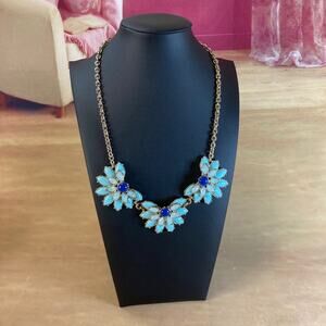 Banana Republic Blue Floral Cabochon Bib-Style Statement Necklace Gold Tone EUC